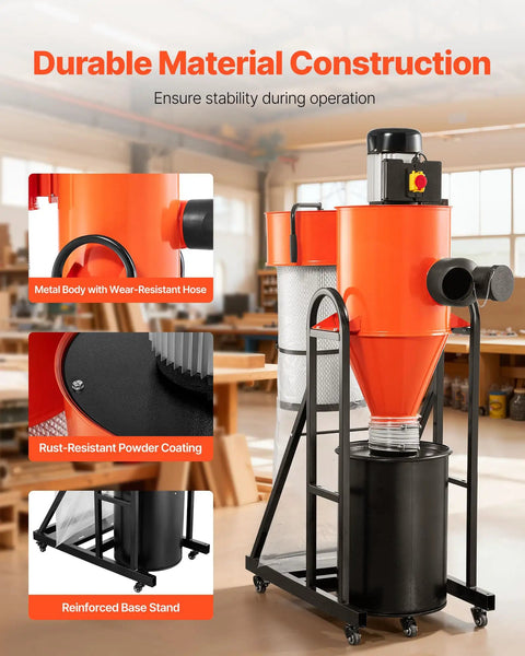 VEVOR 1.5HP Cyclone Dust Collector, 763 CFM High Suction Power With 12.5 Gallon Bag And Base Stand, showing metal body and reinforced base stand.
