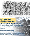 3/8-16 Stainless Steel Flange Bolts Kit, 112 Pieces With Washers And Serrated Flange Nuts, displayed in storage box