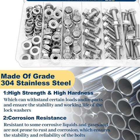 3/8-16 Stainless Steel Flange Bolts Kit, 112 Pieces With Washers And Serrated Flange Nuts, displayed in storage box