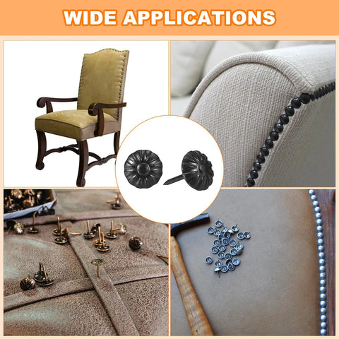 Top Tier Black Upholstery Tack Nail Pins Heavy Carbon Steel Furniture Repair Kit 50 Piece displayed in furniture applications.