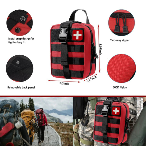 Red MOLLE first aid kit pouch with removable back panel, two-way zipper, and white cross patch.