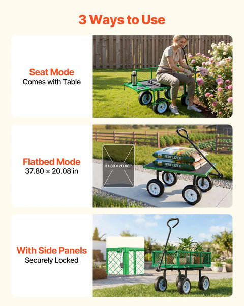 Beast Mode 500 Lbs Garden Cart With Seat, 2-In-1 Wagon; three usage modes including seat, flatbed, and side panels.