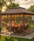 People enjoying dinner under 11x11 Pop Up Gazebo With Mesh Netting And UPF 50 Plus UV Protection, No Tool Setup Easy Up Outdoor Canopy Tent, Water Resistant Shelter Providing 121 Sq Ft Of Coverage, Portable Brown.