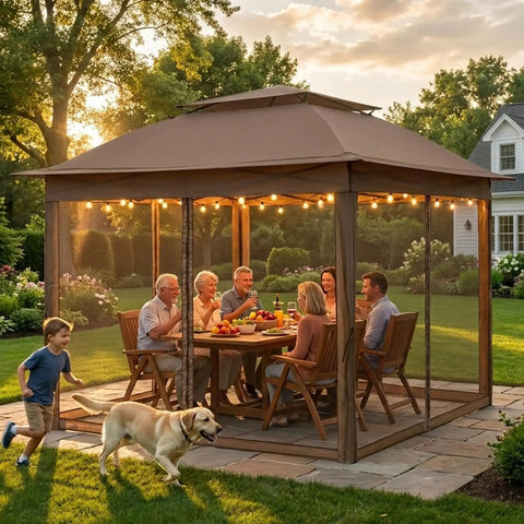 People enjoying dinner under 11x11 Pop Up Gazebo With Mesh Netting And UPF 50 Plus UV Protection, No Tool Setup Easy Up Outdoor Canopy Tent, Water Resistant Shelter Providing 121 Sq Ft Of Coverage, Portable Brown.