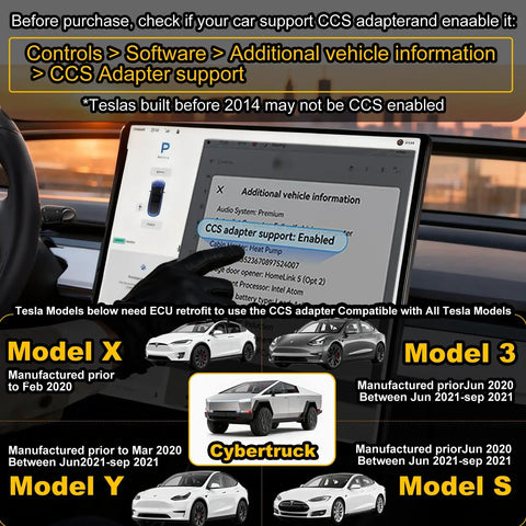 Screenshot of Tesla controls showing CCS adapter support enabled for Badass Heavy Duty CCS1 And J1772 To NACS Adapter.