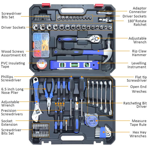 146 Piece Metric Home Tool Kit Set With Portable Toolbox for homeowners, DIYers, and handymen, includes sockets, wrenches, pliers.