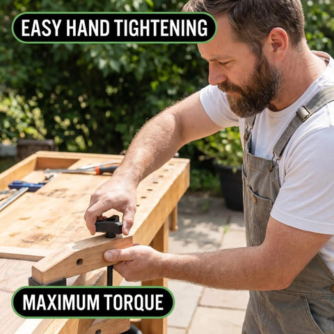 Man tightening a clamp with Black Plastic Knob With 3/8-16 Three-Prong Wing Nut, 2 Inch Diameter Brass Insert for woodworking.