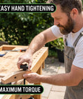 Person using Five Pack Black Plastic Knobs With Brass Inserts For Quarter Inch By Twenty Threaded Through Hole Two Inch Diameter And One Inch Tall Beefy Heavy Duty Clamp Knobs For Lawn Mowers Saws Drills Lathes T Rail Bolts And More on a wooden workpiece outdoors