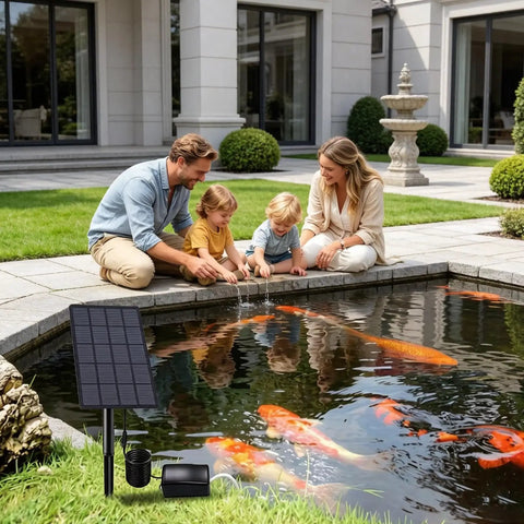 Family by pond with Solar Pond Aerator Low Noise Air Pump 2W IP64 Waterproof For Ponds Fish Tanks And Outdoor Water Features.