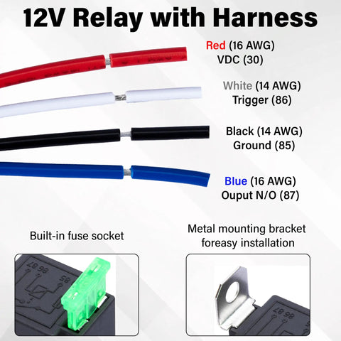 Diagram of 3 Piece 12V Fuse Relay Harness Set With Built In 30A Blade Fuse, 4 Pin SPST Automotive Relays, Heavy Duty 14 AWG Wiring Kit