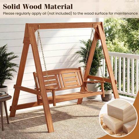 Two Seater Porch Swing With Stand, Solid Wood Patio Loveseat With Adjustable Chains, Built In Backrest And Armrests