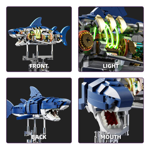 687 Piece Dope Mechanical Shark Building Set With LED Light And Movable Gear System Display Stand, Ocean Themed Building Block Toy For Adults Teens And Kids Age 12 And Up