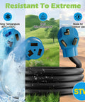 Heavy Duty 30 Amp Y Splitter Adapter Cord With Nema 10 To Dual 30 R Plugs For Level 2 EV Charging And Dryer Outlet Power Extension showing IP65 waterproof design and outdoor use.