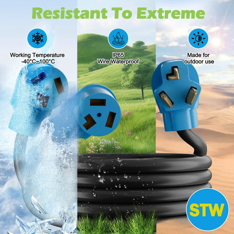 Heavy Duty 30 Amp Y Splitter Adapter Cord With Nema 10 To Dual 30 R Plugs For Level 2 EV Charging And Dryer Outlet Power Extension showing IP65 waterproof design and outdoor use.