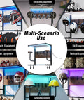 Badass Motorcycle Helmet Rack Wall Mount Featuring Remote Controlled RGB Ambient Light Strip For Grease Monkey Gear Storage With Solid Wood And Steel Build System, showcasing various sports helmets and gear.