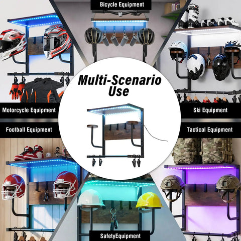Badass Motorcycle Helmet Rack Wall Mount Featuring Remote Controlled RGB Ambient Light Strip For Grease Monkey Gear Storage With Solid Wood And Steel Build System, showcasing various sports helmets and gear.