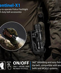 Rugged 1200 Lumen Tactical LED Flashlight With Duty Belt Holster For Law Enforcement And Camping Single Mode Beam Built For Police Ops And Everyday Carry Sentinel X1 in holster