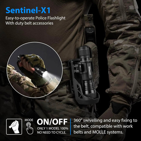 Rugged 1200 Lumen Tactical LED Flashlight With Duty Belt Holster For Law Enforcement And Camping Single Mode Beam Built For Police Ops And Everyday Carry Sentinel X1 in holster