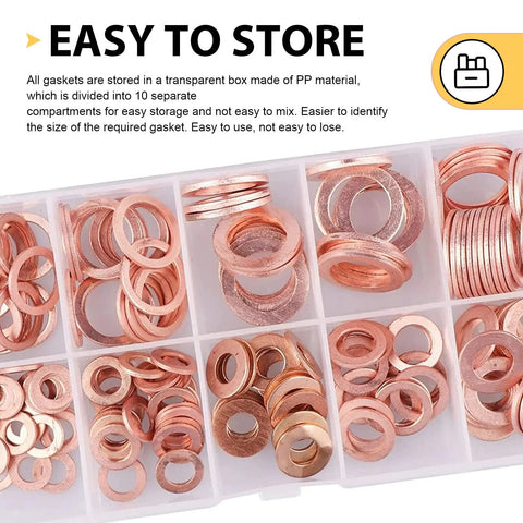 Copper Washer Kit 200 Piece Assortment For Oil Drain Plugs And Banjo Bolts Go To Gasket Set M5 Through M14 in plastic box
