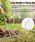 36 Inch Aluminum Landscape Rake With 36 Tines And 68 Inch Non Slip Handle for soil loosening in a garden setting.