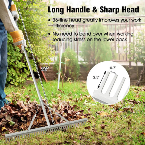36 Inch Aluminum Landscape Rake With 36 Tines And 68 Inch Non Slip Handle for soil loosening in a garden setting.