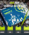 20A MPPT Solar Charge Controller for 12V 24V systems shown with battery icons on rocky ground