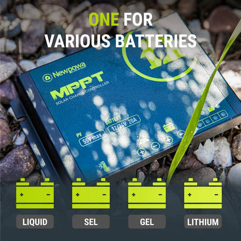 20A MPPT Solar Charge Controller for 12V 24V systems shown with battery icons on rocky ground