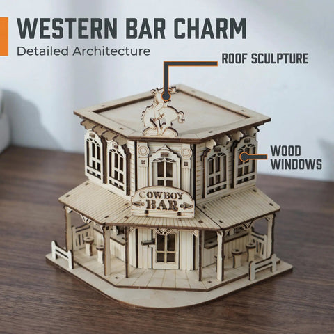 Wild West 3D Wooden Puzzle Kit For Adults And Teens, Miniature Cowboy Saloon Building Set, Desktop Architecture Model, Hands-On Wood Craft Project, Creative Gift For Woodworking Hobbyists And Collectors; wooden cowboy bar with roof sculpture and windows