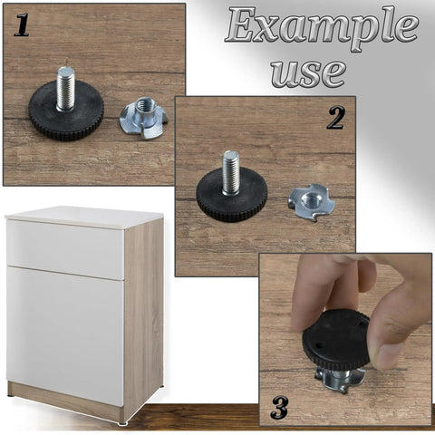12 Pack Adjustable Furniture Jack Feet And 12 M8 X 11 Impact Claw Nuts For Wood Fitting Leveling And Woodworking Projects Quick Screw In Install Strong Grip Durable Hardware Kit For Sturdy Furniture. Adjustable foot and claw nut close-up next to a cabinet example use.