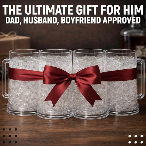 Chill Out With These Super Solid Double Wall Freezer Beer Mugs Holding Sixteen Ounces Using Encased Gel Cores To Keep Every Sip Frosted Without Adding Ice To The Mix displayed with ribbon and ice.