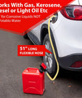 Red plastic gas can with a 51-inch yellow flexible hose connected to a car fuel filler.