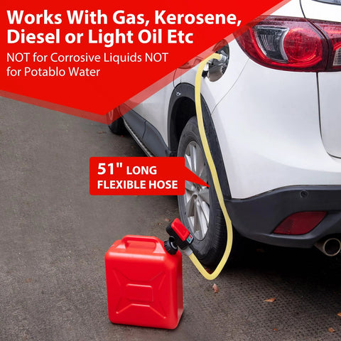 Red plastic gas can with a 51-inch yellow flexible hose connected to a car fuel filler.