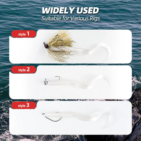 Three styles of Curly Tail Worm Lures Soft Realistic Wavy Tail Bait Swimbaits for Saltwater and Freshwater Fishing Killer for Bass Trout Crappie and More 6 Inch White 20 Pack shown on water background.