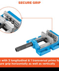 Pro Grade Cast Iron Drill Press Vise With 4 Inch Jaws showcasing jaw with 3 longitudinal & 1 transversal prims for secure grip.