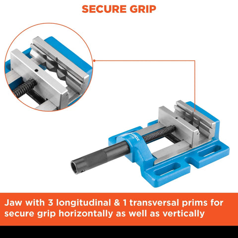 Pro Grade Cast Iron Drill Press Vise With 4 Inch Jaws showcasing jaw with 3 longitudinal & 1 transversal prims for secure grip.