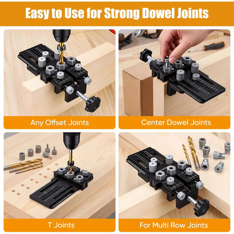 Doweling Jig Kit With Quick Positive Stop And Clamp, Adjustable Doweling Jig For 1/4, 3/8, And 1/2 Inch Drill Bits demonstrating use
