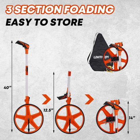 12 Inch Measuring Wheel With 9999 Ft Range And Feet Inches Readout, one key zero reset, foldable orange design for easy transport
