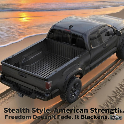 Black pickup truck parked on sandy beach with ocean backdrop and sunset reflecting on the water