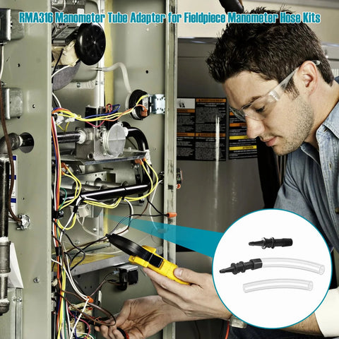 RMA316 manometer tube adapters (2 pcs) with black fittings and clear tubing for Fieldpiece manometer hoses.