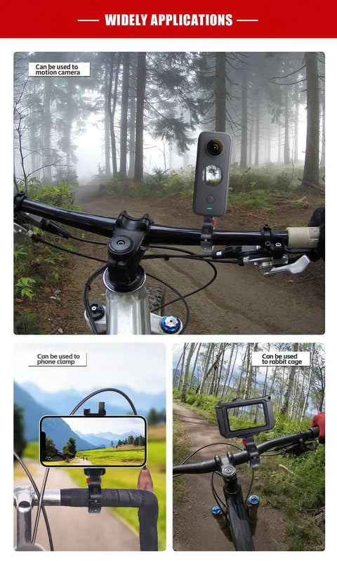 Motorcycle Handlebar Clip Mount With One Quarter Inch Screw For GoPro Cameras on bike handlebars in forest setting