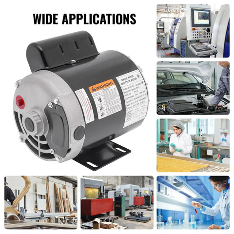 Half HP Single Phase Electric Motor Powerful 3450 RPM 56 Frame Five Eighth Inch Keyed Shaft shown with various application uses