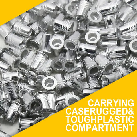 Flat Head Aluminum Rivet Nuts Kit With 110 Pieces In M3 M4 M5 M6 M8 Sizes, shown in a pile, highlighting aluminum alloy texture.