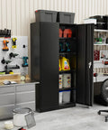 Heavy Duty 72 Inch Metal Storage Cabinet with 4 adjustable shelves and 2 doors in garage setting, black durable steel tool organizer
