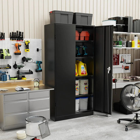 Heavy Duty 72 Inch Metal Storage Cabinet with 4 adjustable shelves and 2 doors in garage setting, black durable steel tool organizer