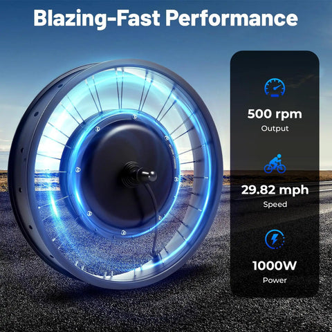Beast 48V 1000W Front Wheel Electric Bike Conversion Kit With 20 Inch Fat Tire displaying speed and power on road