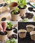 150 Pack All In One Seed Starter Kit Biodegradable Peat Pots 3.15 Inch With Drainage Holes shown with plants and tools