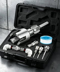 Four In One Pipe Wrench And Threader Kit For Pvc Pipes Electric Drill Compatible Tapping Set in carry case for plumbing repairs.