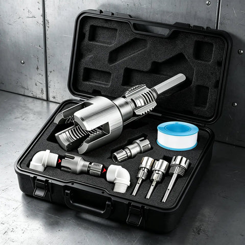 Four In One Pipe Wrench And Threader Kit For Pvc Pipes Electric Drill Compatible Tapping Set in carry case for plumbing repairs.