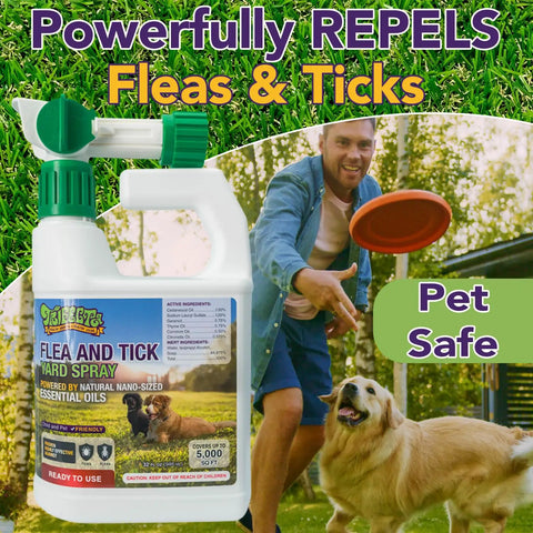 All Natural Flea And Tick Yard Spray For Outdoors With Essential Oils, Pet And Family Safe, man playing with dog and disc