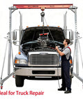 Heavy Duty 10.5 Foot Adjustable Gantry Crane With 4000 Lb Capacity in use, lifting engine in truck at auto shop, height range 9.85 to 13.9 feet